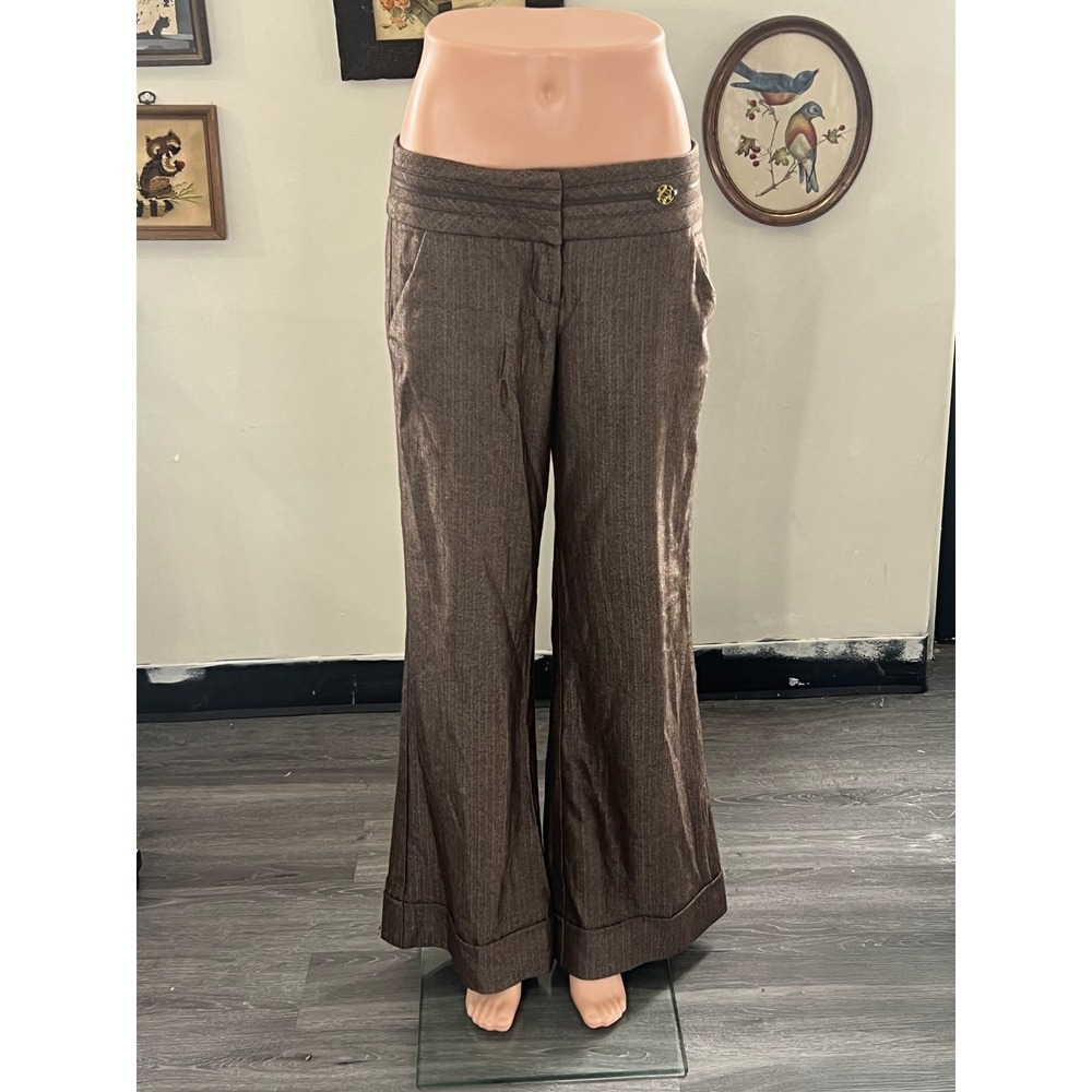 Bebe Vintage Y2K Brown Herringbone Cuffed Trousers Size 6